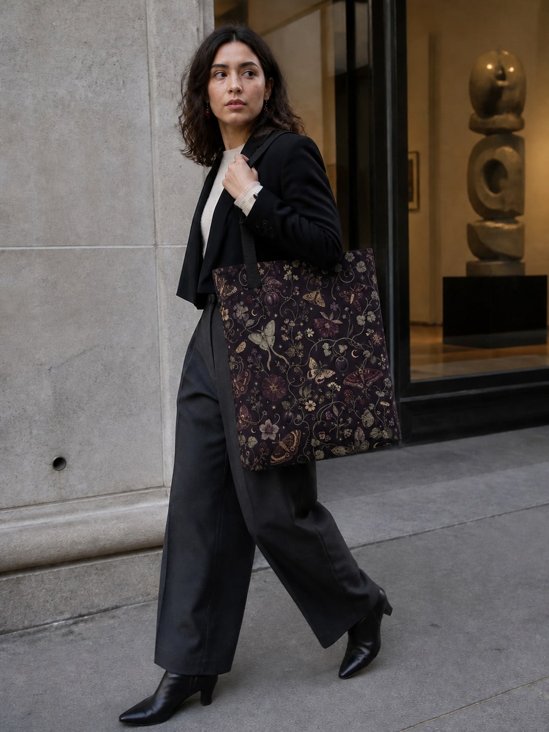WAYLARO Midnight Herbarium Tote — styled city view with the bag worn on the shoulder
